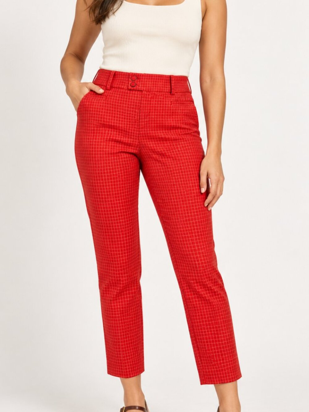 NWOT 8Tall ANTHROPOLOGIE The Essential Slim Pants Red Gingham Plaid Grid Pattern